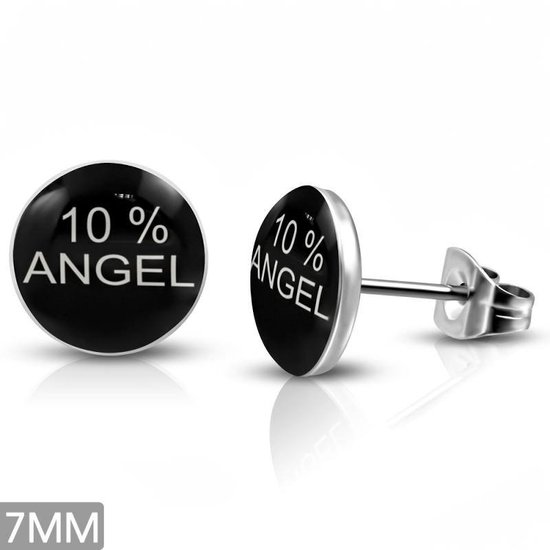 Aramat jewels ® - Logo oorbellen 10% en angel wit zwart staal 7mm
