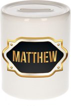Matthew naam cadeau spaarpot met gouden embleem - kado verjaardag/ vaderdag/ pensioen/ geslaagd/ bedankt