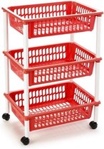 Opberg trolley/roltafel/organizer met 3 manden 40 x 30 x 61,5 cm wit/rood- Etagewagentje/karretje met opbergkratten