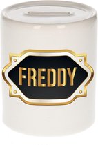Freddy naam cadeau spaarpot met gouden embleem - kado verjaardag/ vaderdag/ pensioen/ geslaagd/ bedankt