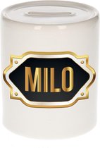 Milo naam cadeau spaarpot met gouden embleem - kado verjaardag/ vaderdag/ pensioen/ geslaagd/ bedankt