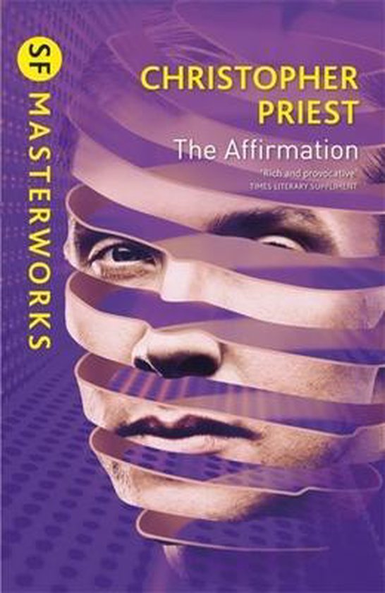 Couverture du livre 'The Affirmation' de Christopher Priest, avec un visage divisé dans des tons violets.