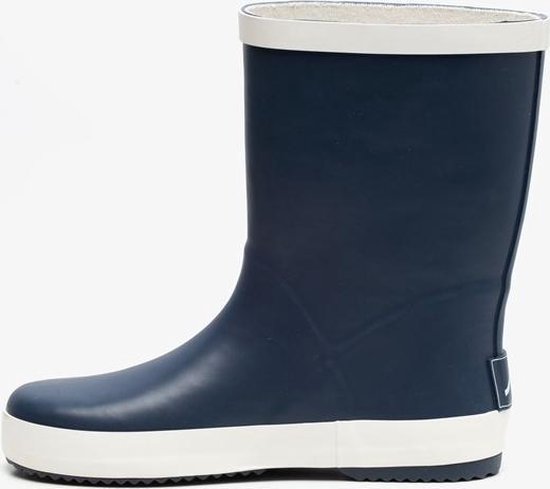 Botte de pluie bleu foncé avec bordure beige en haut et en bas.