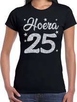 Hoera 25 jaar verjaardag / jubileum cadeau t-shirt - zilver glitter op zwart - dames - cadeau shirt S