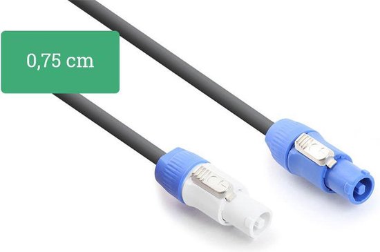 Zwarte stroomkabel met blauw-witte Powercon-connectoren en een label met de tekst 0,75 cm.