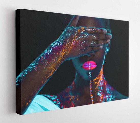 ?ncognito closed woman’s eyes, young female with fluorescent prints on skin, cosmic paint glowing on neon lights, black background – Modern Art…