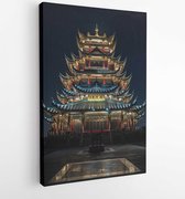 Blue yellow and green lighted pagoda tower  - Modern Art Canvas - Vertical - 3204950 - 40-30 Vertical