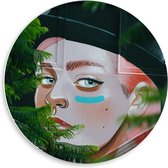 Forex Wandcirkel - Muurschildering van Vrouw met Blauwe Ogen en Neuspiercing met Planten - 50x50cm Foto op Wandcirkel (met ophangsysteem)