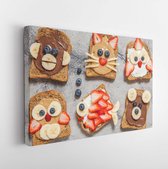 Funny animal faces toasts with spreads, banana, strawberry and blueberry - Modern Art Canvas  - Horizontal - 495856594 - 40*30 Horizontal