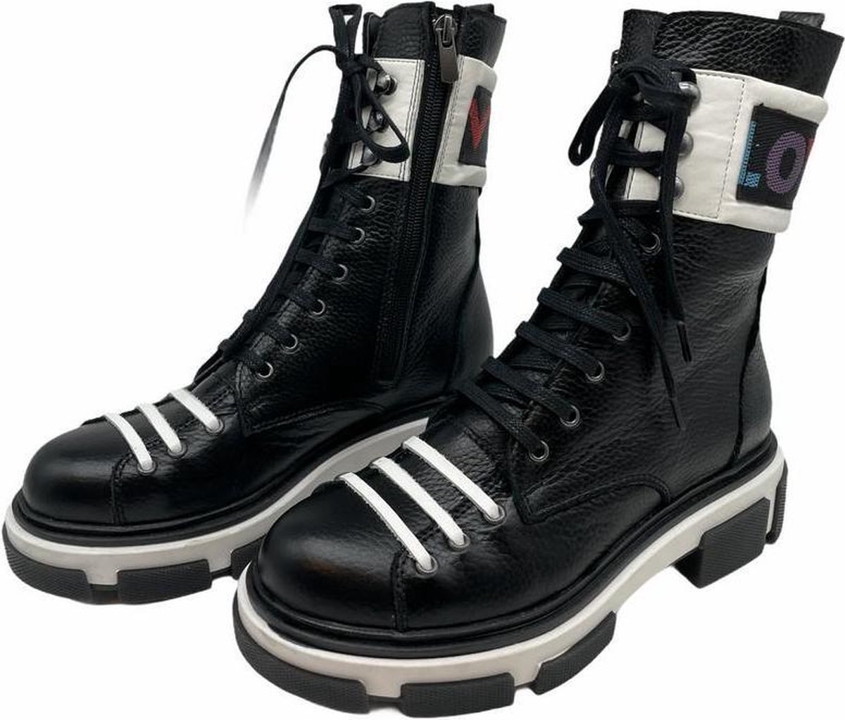 La Pèra Zwarte Leren Veterboots Vrouwen Laars zwartwit LOVE La Pèra Zwarte Leren Veterboots Vrouwen Laars zwartwit LOVE