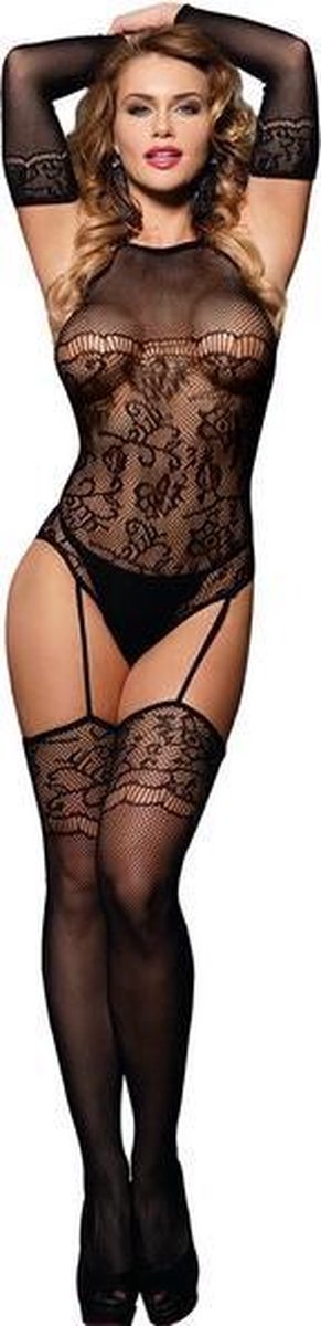 Paris Hollywood - Erotische Catsuit met Mouwtjes - Zwart - One Size