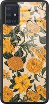 Samsung A51 hoesje glas - Retro flowers - Hard Case - Zwart - Backcover - Bloemen - Geel