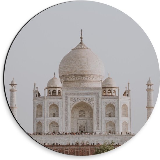 Dibond Wandcirkel -  Mausoleum Taj Mahal met Grijze Lucht - 30x30cm Foto op Aluminium Wandcirkel (met ophangsysteem)
