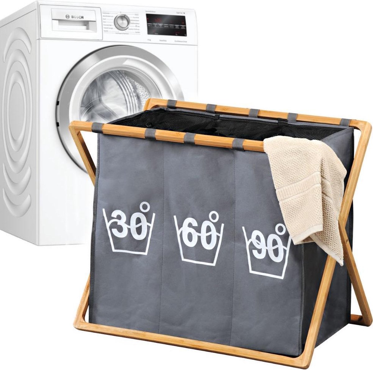 Wassorteerder 3 Vakken Wasmand FSC® Bamboe houten Frame