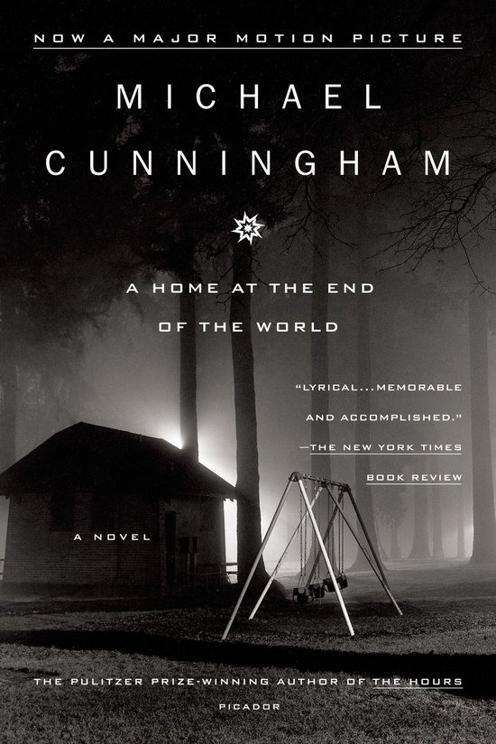 Boek "A Home at the End of the World" van Michael Cunningham, met een schuur en een schommel in de mist.