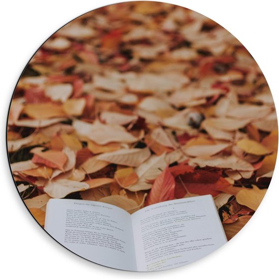 Dibond Wandcirkel - Boek in Herfstbladeren - 50x50cm Foto op Aluminium Wandcirkel (met ophangsysteem)