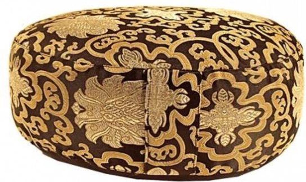 Meditatiekussen zwart lotus patroon - 33x17 - Boekweit - Polyester - Katoen - Zwart - Goud - L