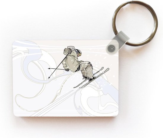 Sleutelhanger - Een skiër maakt bochtjes door de sneeuw in een illustratie - Uitdeelcadeautjes - Plastic