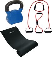Tunturi - Fitness Set - Kettlebell 12  kg - Fitnessmat 160 x 60 x 0,7 cm - Tubing Set Rood