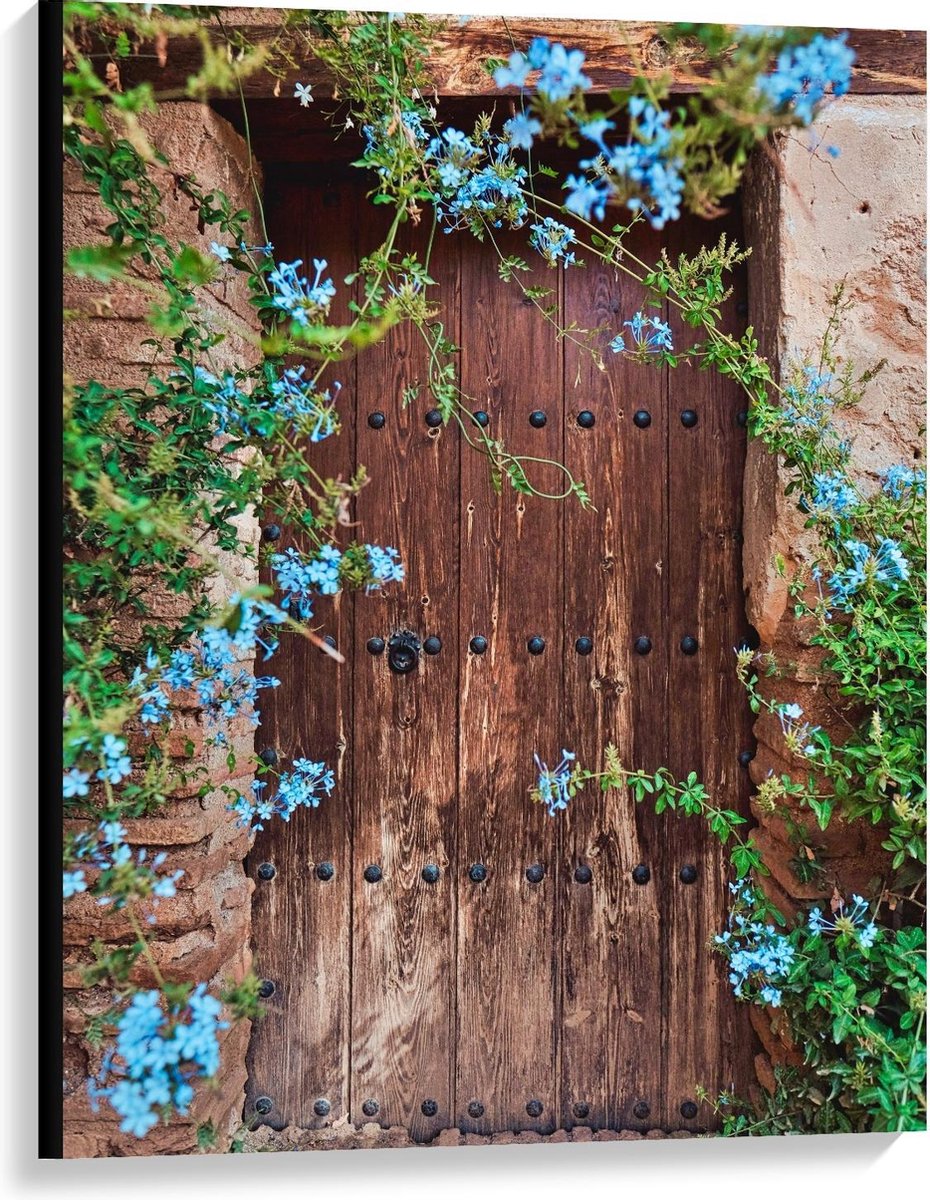 KuijsFotoprint Canvas - Houten Deur met Blauwe Bloemen - 75x100cm Foto op Canvas Schilderij (Wanddecoratie op Canvas)