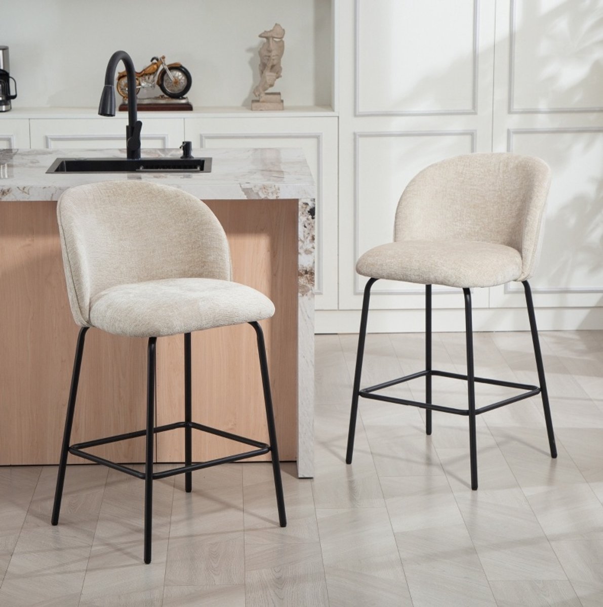 STILVORA Barkruk Set Van 2 - Met Rugleuning En Voetensteun - Voor Keuken Eetruimte - Stof - Beige