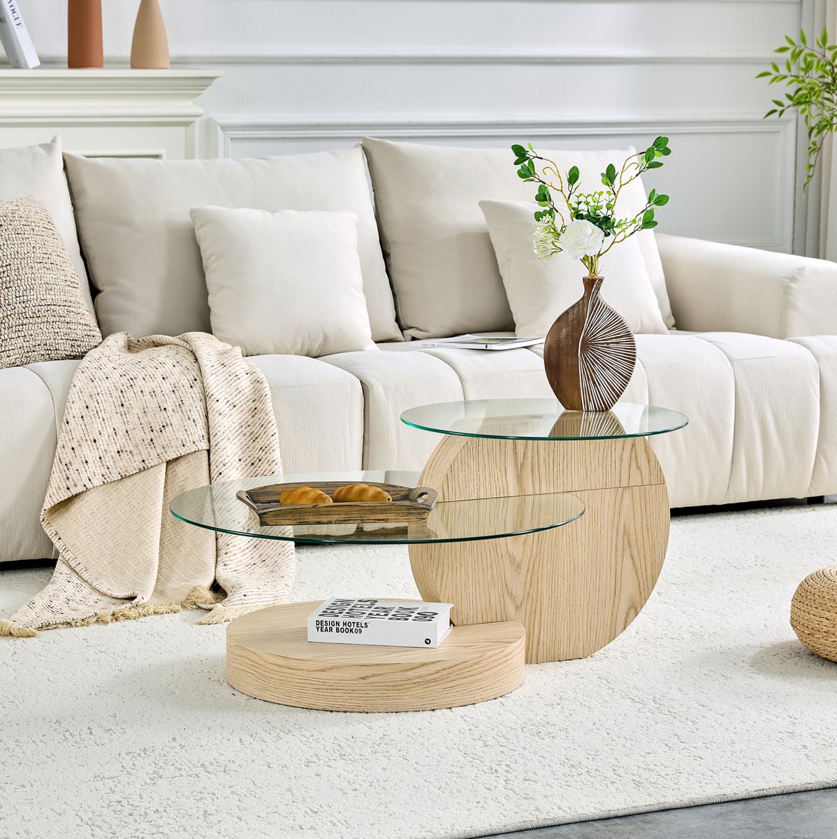 FloraGrace Salontafel - 2-Laags Rond Design Met Veiligheidsglas - Voor Woonkamer En Interieur - Hout En Glas - 90x90x44 Cm
