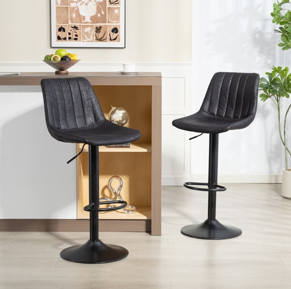 STILVORA Barkruk Set van 2 - Retrodesign - Hoogteverstelbaar met Gaslift & Voetsteun - Met Hoge Rugleuning - Microvezel Zwart