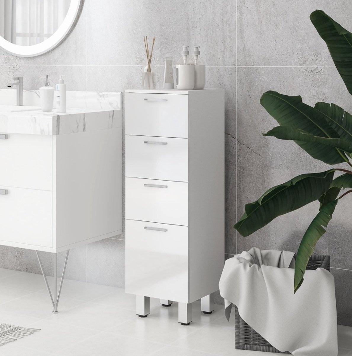 REDOM - Badkamerkast - Smalle ladekast met vier lades - Hoogglans front - Moderne stijl - Badkamer, woonkamer en slaapkamer - Hout - Wit - 30 x 30 x 93 cm