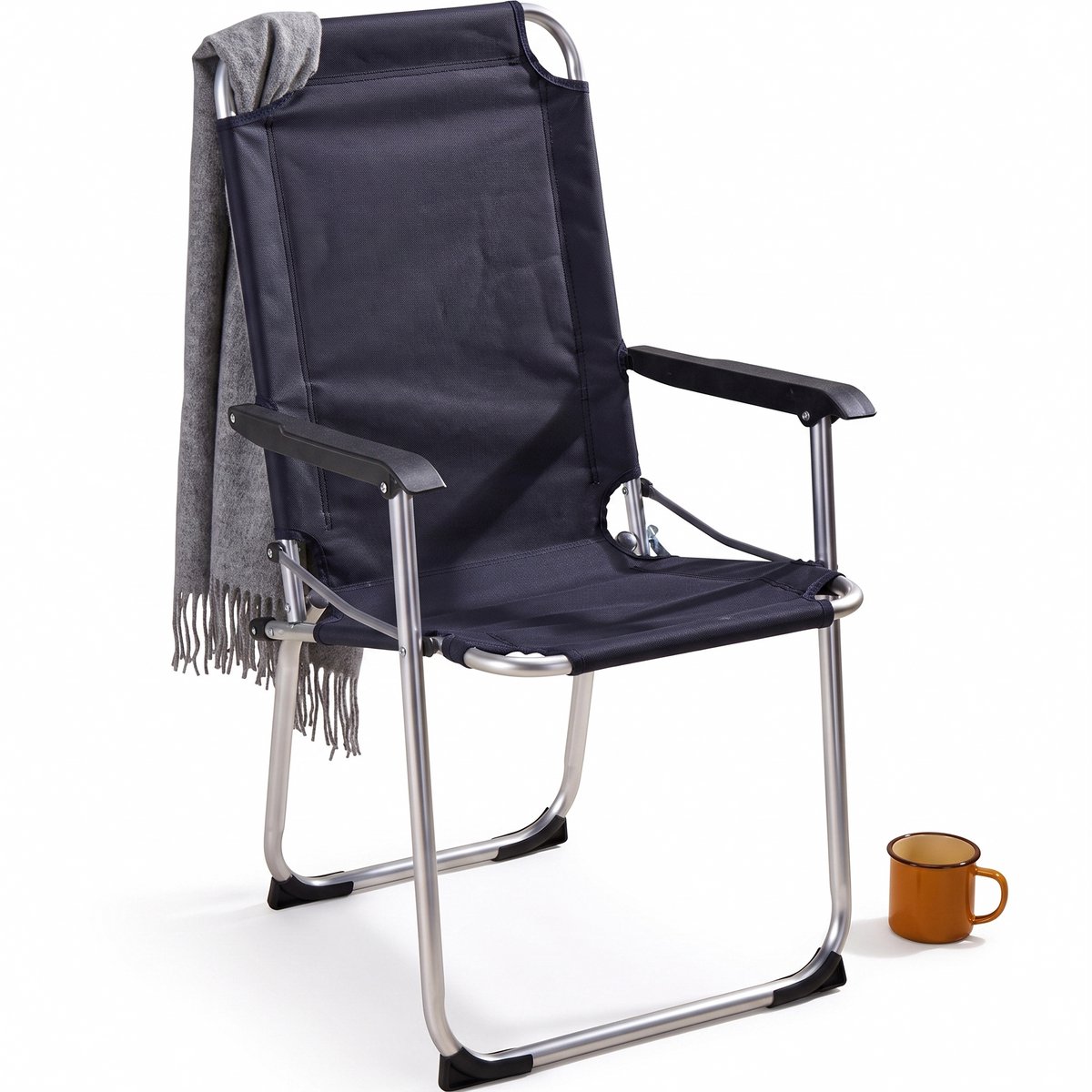 Cheqo® Campingstoel Donkerblauw - Opvouwbaar - Klapstoel - Vouwstoel - Kampeerstoel - Strandstoel - Tuinstoel - Visstoel - Aluminium Frame - met Armleuningen - Hoge Rugleuning - Lichtgewicht - Festivalstoel - voor Camping, Tuin en Balkon