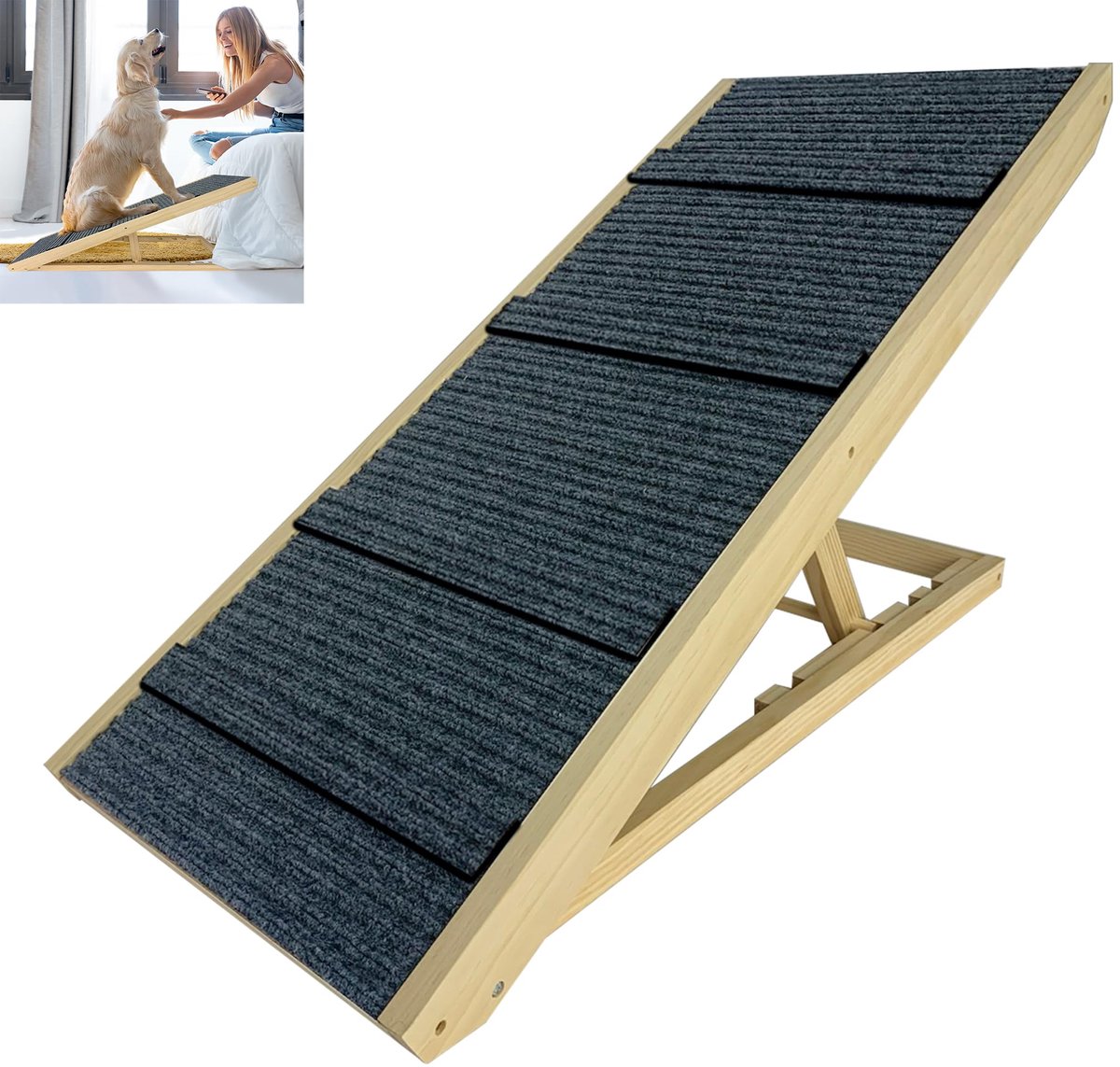 Famanu – Houten helling voor honden, opvouwbaar en in hoogte verstelbaar, met antislipmat, voor bed en bank, 100 x 40 x 60 cm
