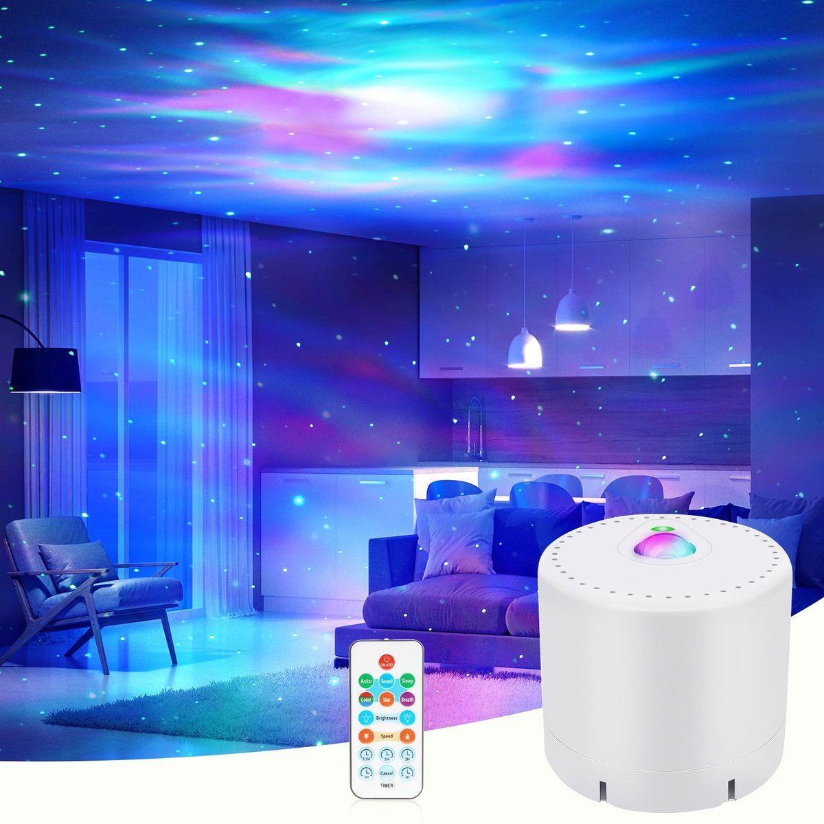Namajunas - Projector sterrenhemel - sterren projector - Galaxy projector - Led Space Ocean-projector - Nachtlampje met Timer en Witte Ruis - Afstandsbediening - Cadeau - Decoratie - Stemgestuurde Modus - Slaapmodus - Aurora-Kleureneffect