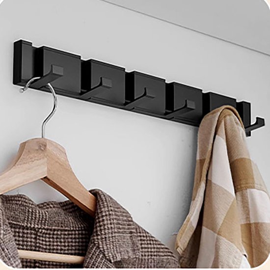 Kapstokhaken - Verborgen haken - Hangende kapstok - Metalen kapstokhaken - Muurhaken - Vijf haken, opvouwbaar - 34,2 x 5 x 1,4 cm - Geschikt voor badkamers, hallen, balkons en slaapkamers - Zwart — afbeelding 3