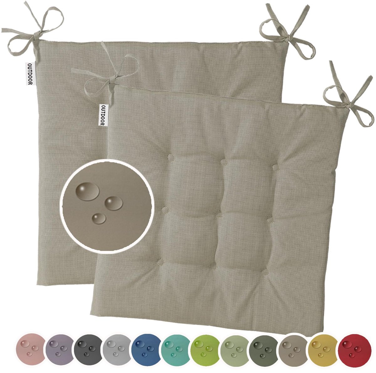 Famanu – Set van 2 outdoor stoelkussens, waterafstotend en weerbestendig, tuinkussen, 40 x 40 cm, doorgestikt, geschikt voor tuinstoelen en tuinbanken, taupe
