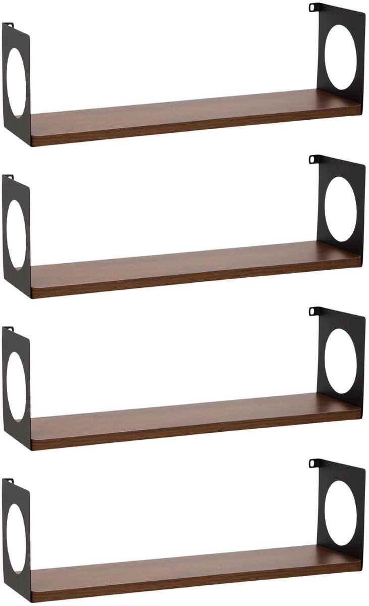 Ostaria Wandplank Romeo - 4x - hout/zwart - MDF/ijzer - 50 cm - boekenplank - hangplank