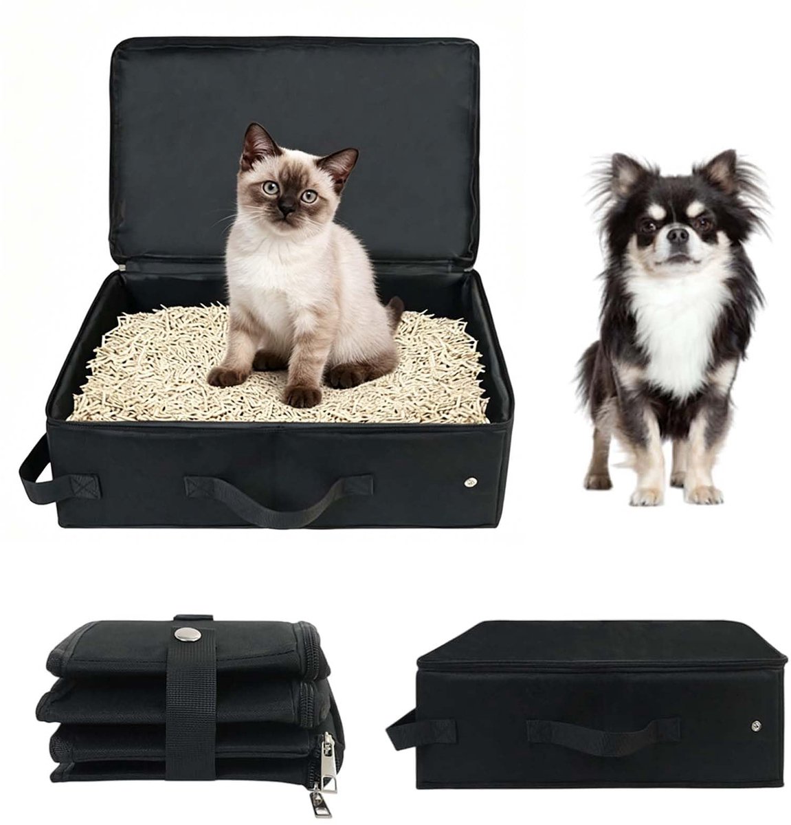 Famanu – Reis-kattenbak met deksel, opvouwbare draagbare kattentoilet, waterdicht voor binnen en buiten, ideaal voor thuis, camping en reizen, zwart