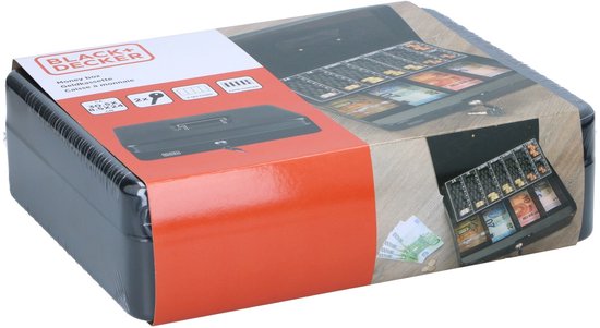 Zwarte BLACK+DECKER geldkist verpakt in folie met productinformatie en afbeeldingen.