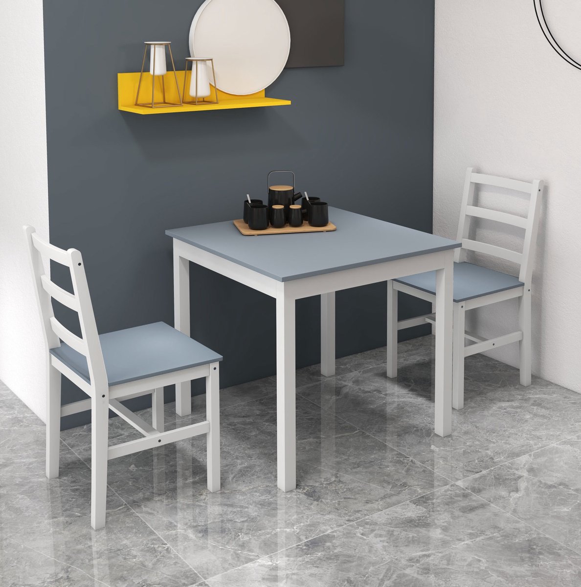 OKWISH Essgroep 3-Delig – Tafel En 2 Stoelen – Compact Modern Design Voor Keuken En Woonkamer – Grenenhout – Grijs En Wit