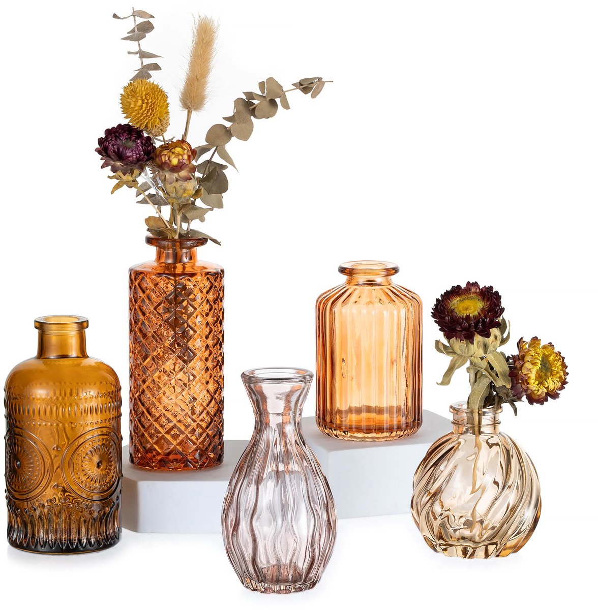 Famanu Set van 5 kleine amberkleurige glazen vazen voor tafeldecoratie, vintage stijl voor herfstdecoratie binnen Zwart