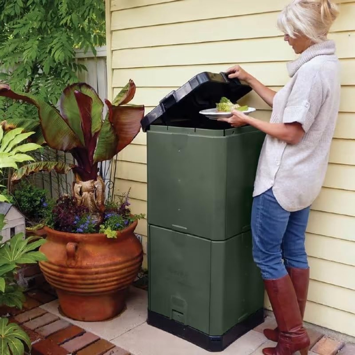 Famanu – 200L compostcontainer voor snelle compostering van keukenafval en tuinafval, geurvrij, geschikt voor voedselresten, olijfgroen