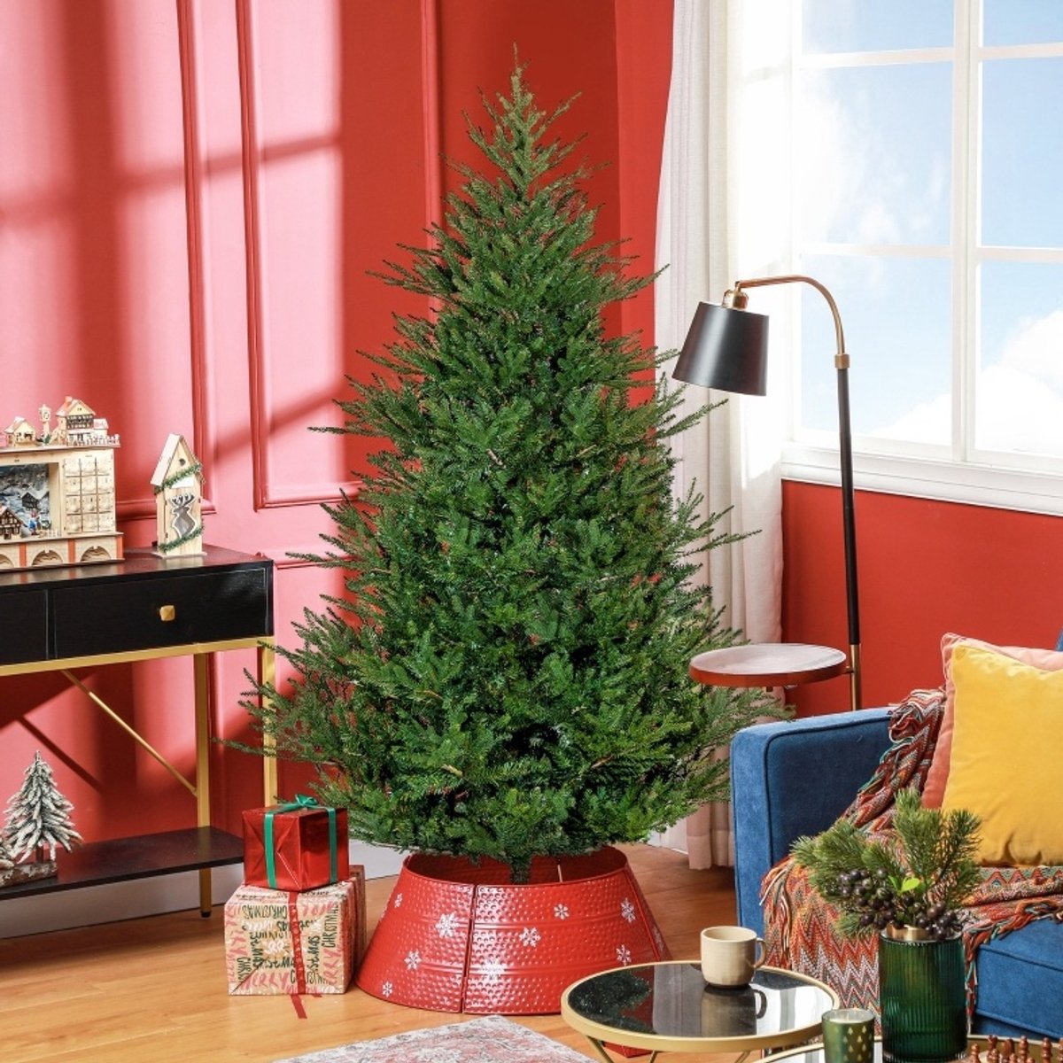 REDOM - Kunstkerstboom - Realistische takken - Snelle montage met scharnierdesign - Met metalen standaard - Groene kerstdecoratie - Kunststof - Groen - Ø110 x 183 cm