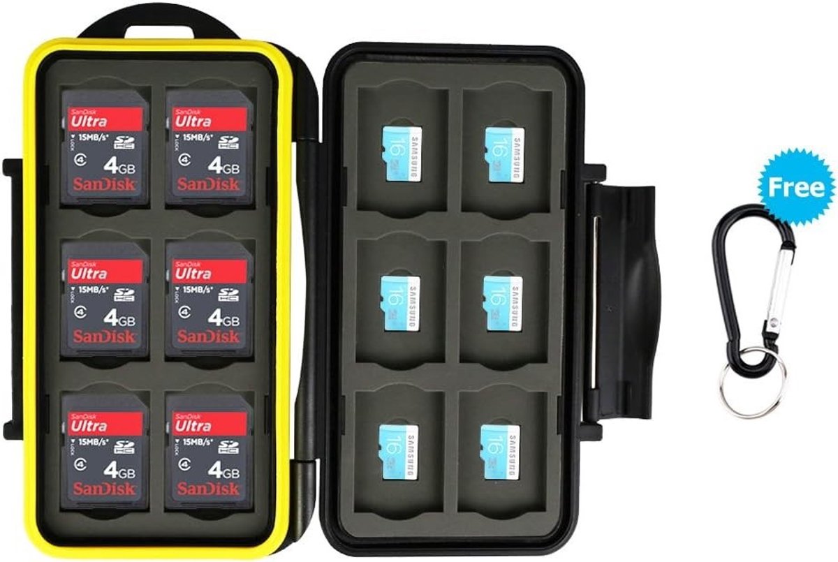 Georganiseerde geheugenkaartopslag, 24 slots voor SD en micro SD kaarten met karabijnhaak en bescherming