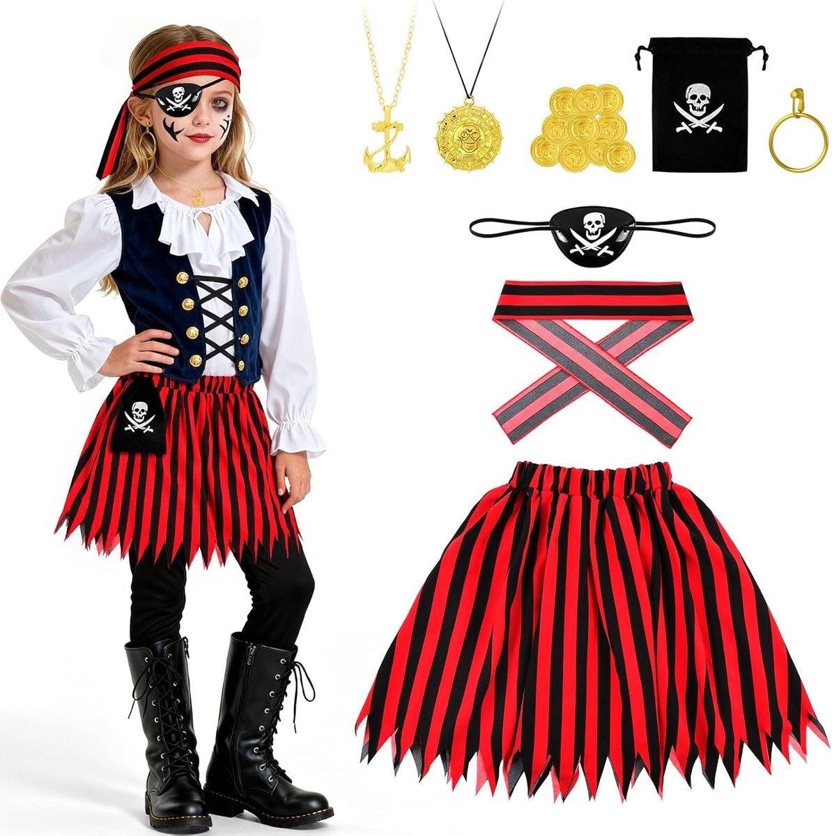 Piratenkostuum voor kinderen, 8-delige set met bandana, blinddoek en accessoires voor carnaval, Halloween en verkleedfeestjes