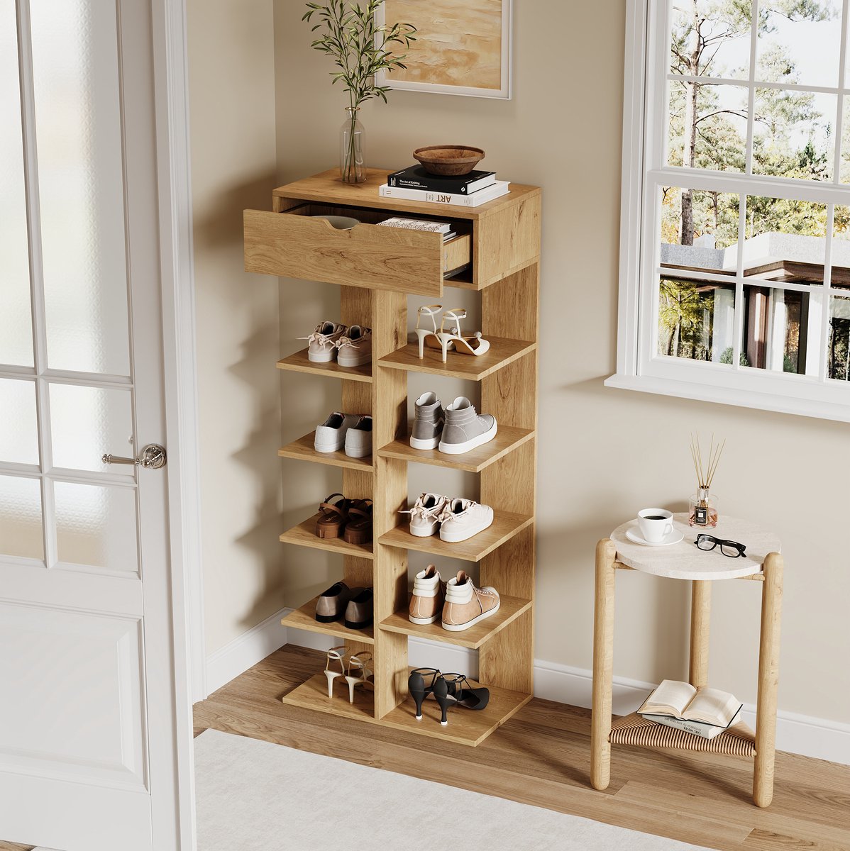 Schoenenkast Met 1 Lade En 10 Vakken – 55 X 33 X 133 Cm – Spaanplaat – Naturel – Hal En Entree