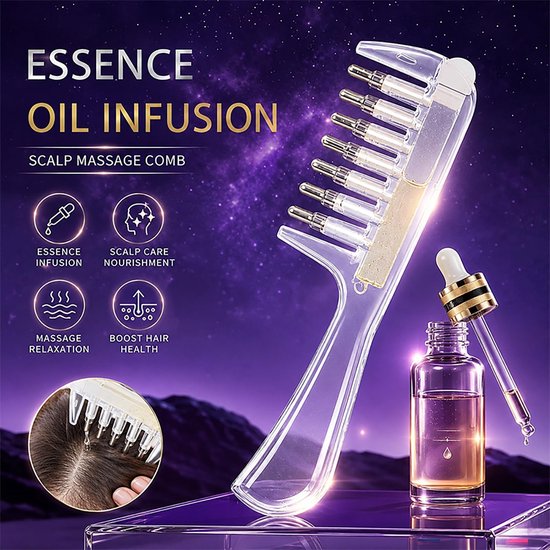 Transparante haarolie-applicator met gouden accenten naast een flesje serum en pipet.