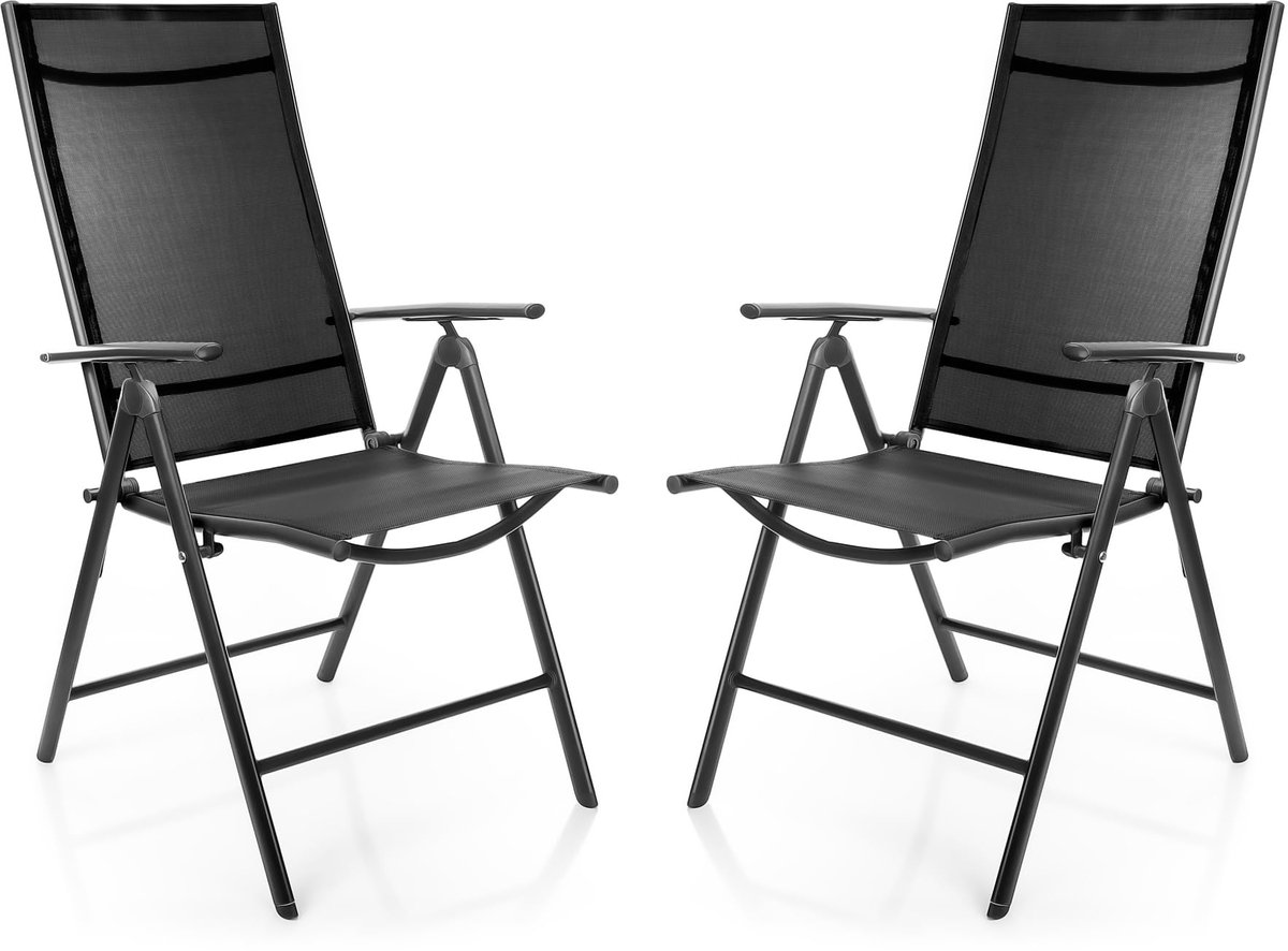 Famanu Set van 2 klapstoelen voor tuin en balkon, belastbaar tot 120 kg, met 7-voudig verstelbare rugleuning, donkergrijs/zwart