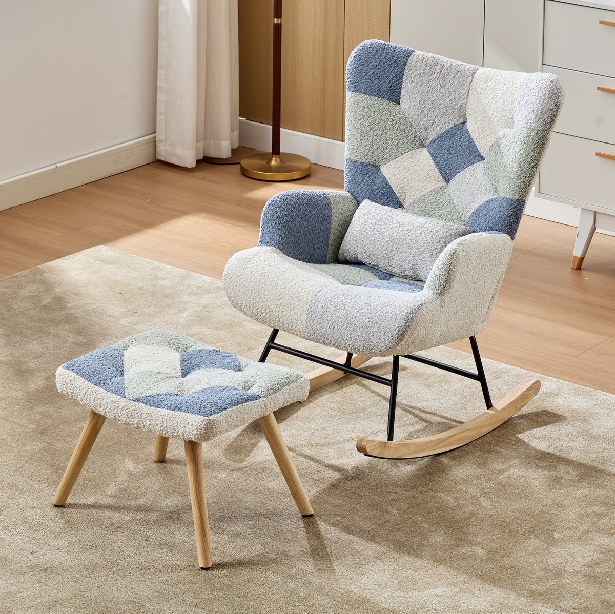 MODENUIT Schommelstoel Met Hocker - Gestoffeerde Fauteuil - Voor Woonkamer En Slaapkamer - Stof - Beige Blauw