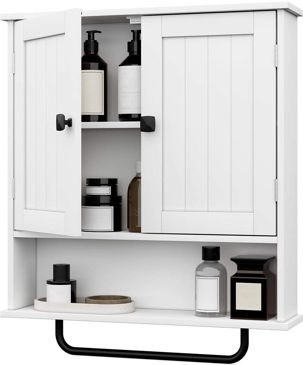 Famanu – Badkamer wandkasten met handdoekbar, opbergkast met 2 deuren en verstelbare plank, wandkast voor badkamer of waskeuken, wit