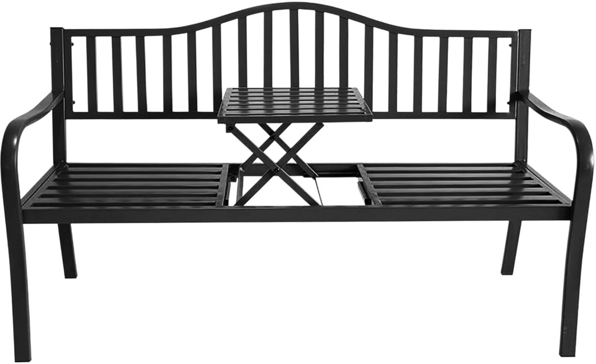 Famanu – Metalen tuinbank met geïntegreerde tafel, 150 x 56 cm, 2-in-1 parkbank met klaptafel voor tuin, balkon en terras, weerbestendig met een belastbaarheid van 450 kg