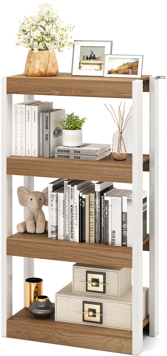 COSTWAY Staande kast van hout met metalen frame, boekenkast met 2 kantelbeveiligingssets & open schappen, vrijstaande keukenkast voor woonkamer, keuken en werkkamer (Natuur, 4 lagen)