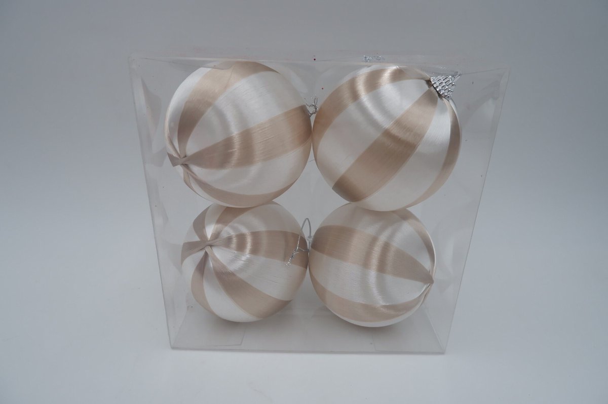 Kerstbal Set van 4 gestreept - Beige/wit